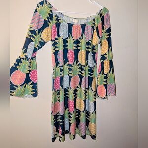 Simply Southern Colorful Pineapple Dress Navy Size Medium with Bell Sleeves